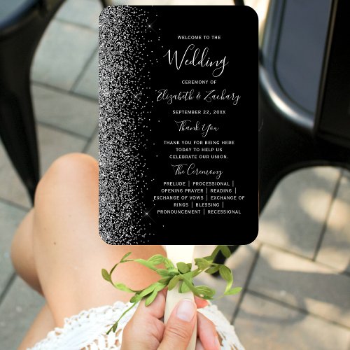 Modern Black Silver Glitter Edge Wedding Program Hand Fan