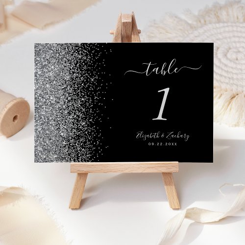 Modern Black Silver Glitter Edge Wedding Table Number