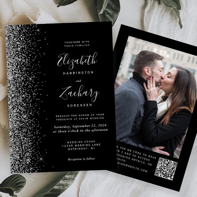 Modern Black Silver Glitter Photo QR Code Wedding Invitation (Creator Uploaded)
