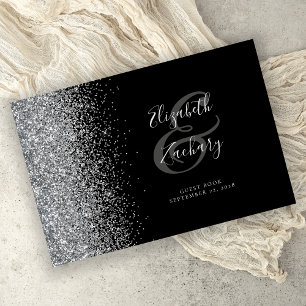 Modern Black Silver Glitter Script Guest Book
