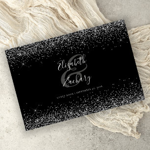 Modern Black Silver Glitter Script Guest Book