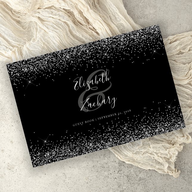 Modern Black Silver Glitter Script Guest Book (Creator Uploaded)