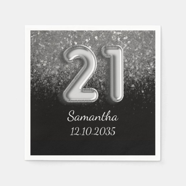 Modern Black & Silver Glitter Sparkle 21 Birthday Napkins (Front)