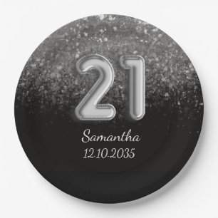 Modern Black Silver Glitter Sparkle 21 Birthday Paper Plates
