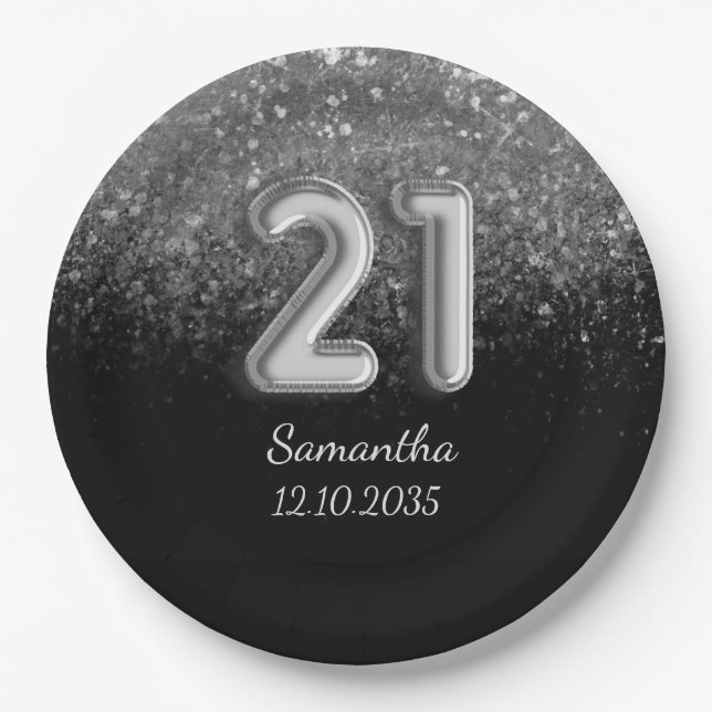 Modern Black  Silver Glitter Sparkle 21 Birthday   Paper Plates (Front)