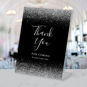 Modern Black Silver Glitter Wedding Thank You Pedestal Sign