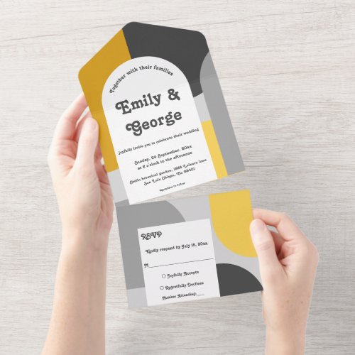 Modern Black Silver Gold Groovy Abstract Wedding All In One Invitation