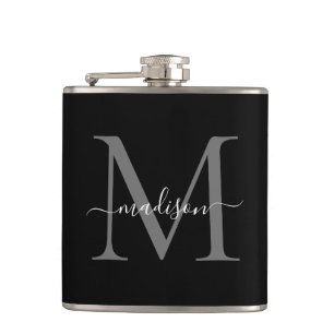 Modern Black Silver Gray Monogram Script Name Flask