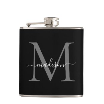 Modern Black Silver Gray Monogram Script Name Flask by pangga_designs at Zazzle