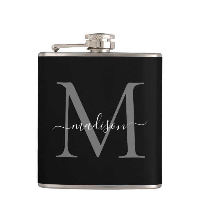 Modern Black Silver Gray Monogram Script Name Flask (Front)