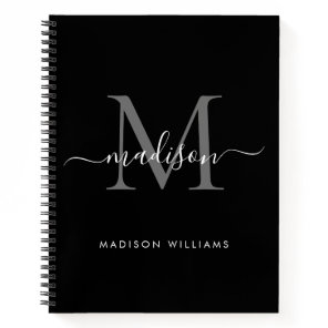Modern Black Silver Gray Monogram Script Name Notebook