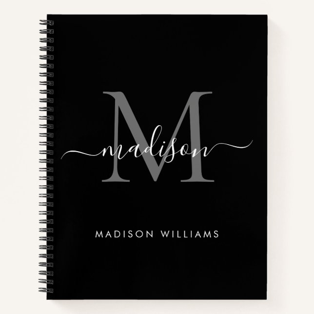 Modern Black Silver Gray Monogram Script Name Notebook (Front)