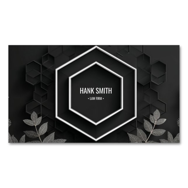 Modern Black Silver Leaf Hexagon 3D Honeycomb Business Card Magnet (Front)