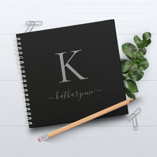 Modern Black Silver Monogram Script Name Notebook