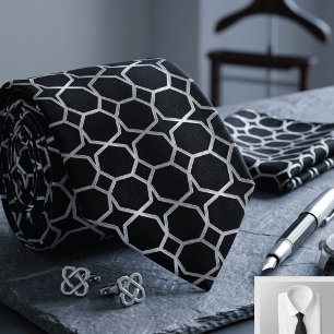 Modern Black Silver Moroccan Tile Pattern Men's Ti Neck Tie