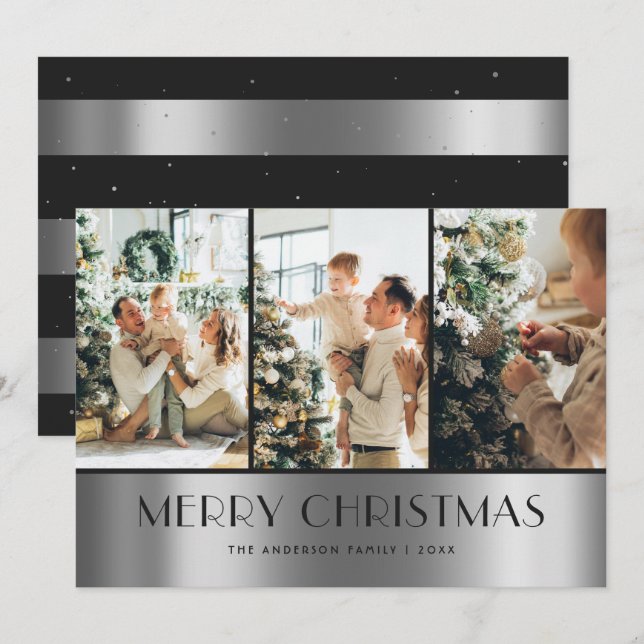 Modern Black Silver Photo Collage Christmas Cards (Front/Back)