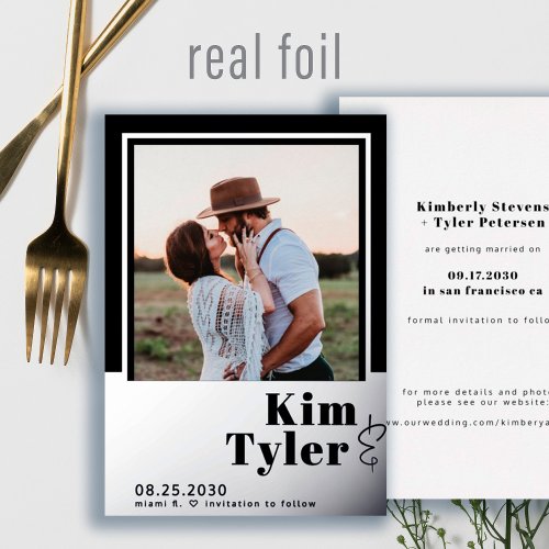 Modern black silver photo wedding save the date  foil invitation