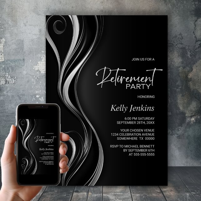 Modern Black Silver Retirement Party Invitation (Creator Uploaded)