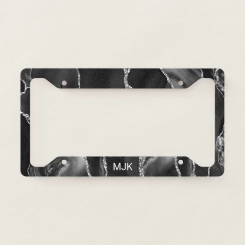 Modern Black Silver Veins Agate Marble Monogram License Plate Frame