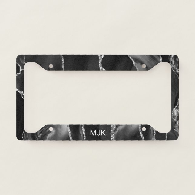 Modern Black Silver Veins Agate Marble Monogram License Plate Frame (Front)