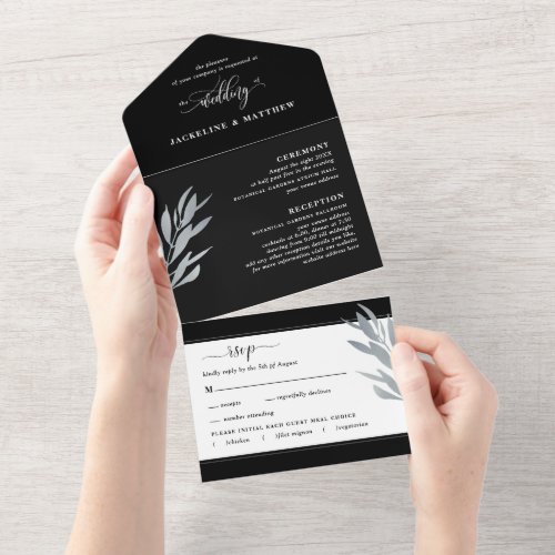 Modern Black  Silver Wedding with Perforated RSVP All In One Invitation