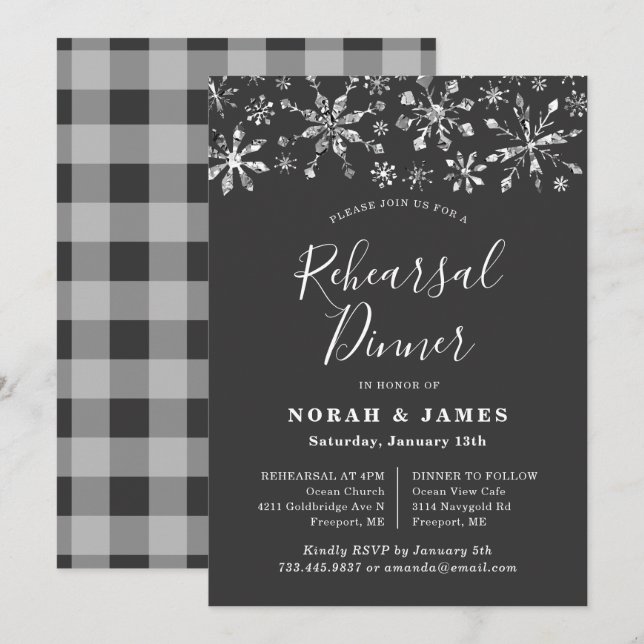 Modern Black Silver Winter Rehearsal Dinner Invitation (Front/Back)