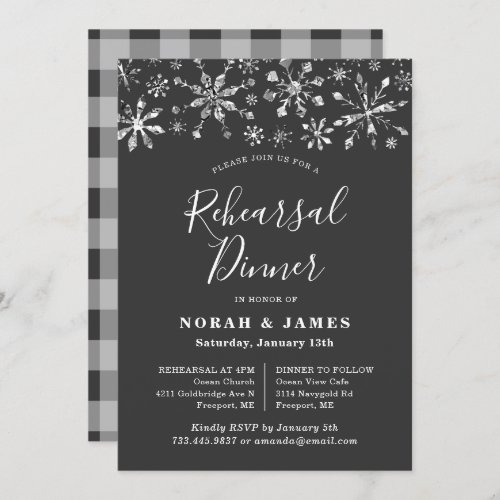 Modern Black Silver Winter Rehearsal Dinner Invitation