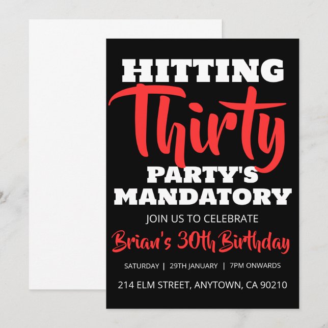 modern black simple adult 30th birthday invitation (Front/Back)