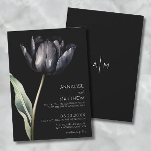 Modern Black Simple Elegant Floral Invitation
