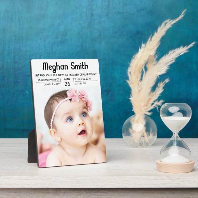 Modern Black Simple Photo Birth Announcement Plaque (Side)
