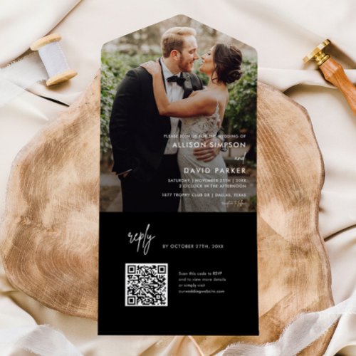 Modern Black Simple QR Code Wedding  All In One Invitation