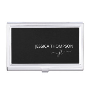 Modern Black Simple Script Girly Monogram Name  Business Card Case