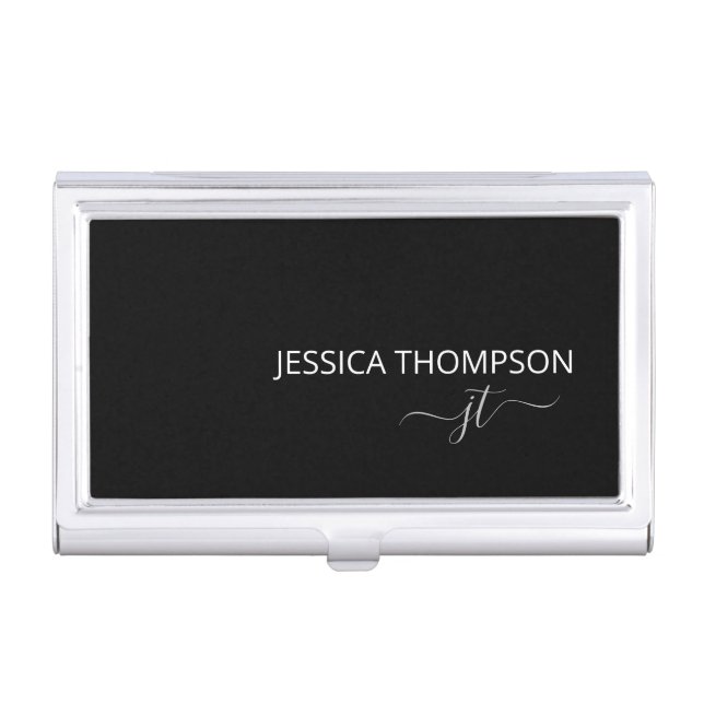 Modern Black Simple Script Girly Monogram Name  Business Card Case (Front)