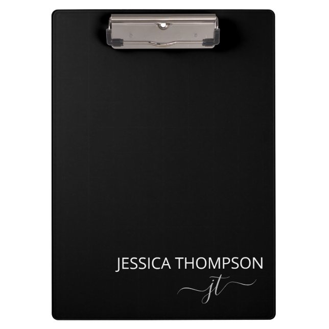 Modern Black Simple Script Girly Monogram Name  Clipboard (Front)