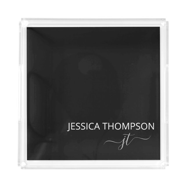 Modern Black Simple Script Girly Monogram Name Cut Acrylic Tray (Front)