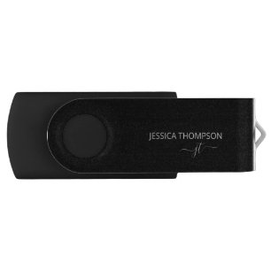Modern Black Simple Script Girly Monogram Name  Flash Drive