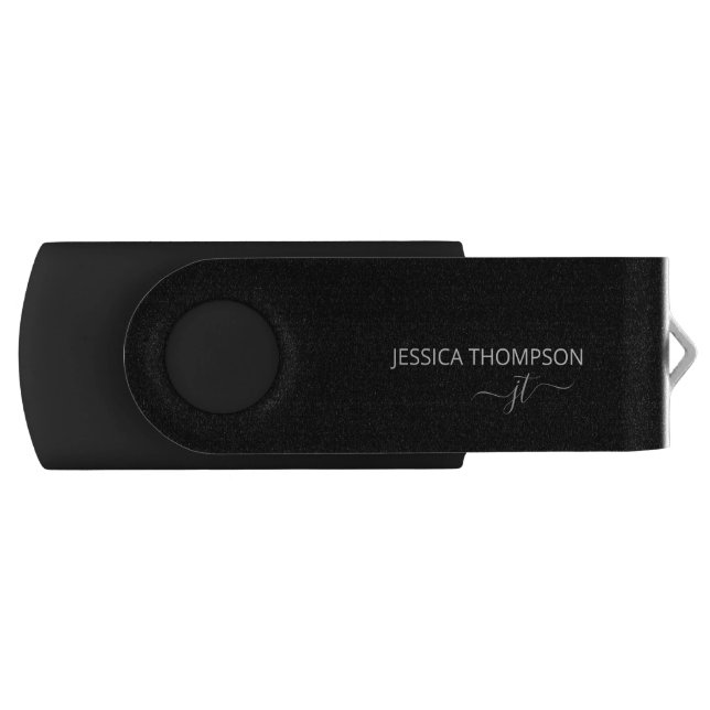 Modern Black Simple Script Girly Monogram Name  Flash Drive (Front)