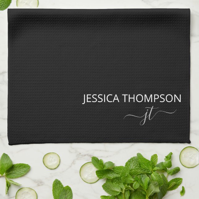 Modern Black Simple Script Girly Monogram Name  Kitchen Towel (Folded)