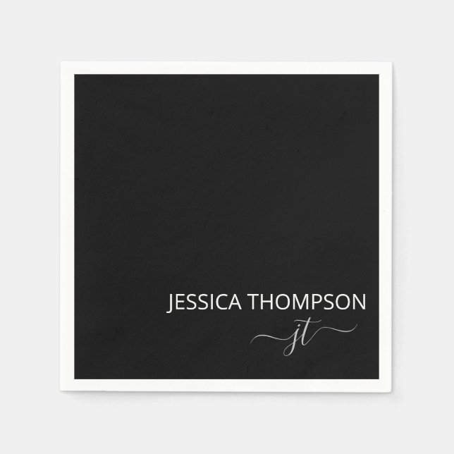 Modern Black Simple Script Girly Monogram Name  Napkins (Front)