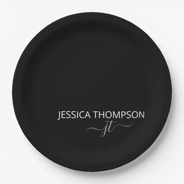 Modern Black Simple Script Girly Monogram Name  Paper Plates (Front)