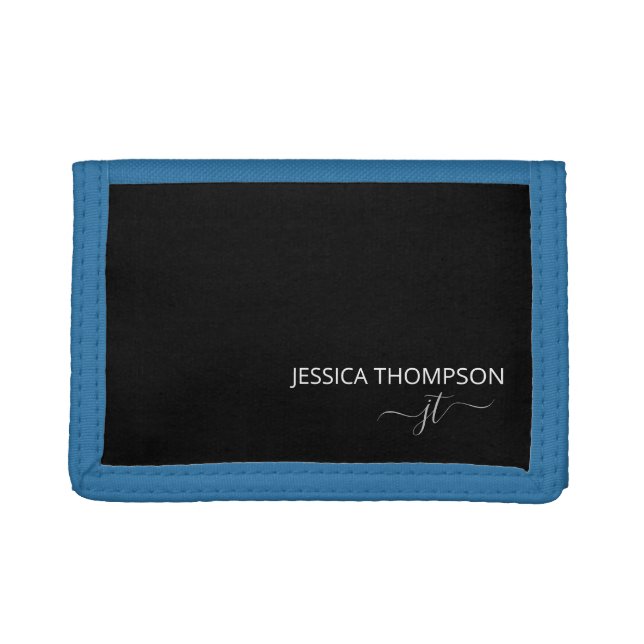 Modern Black Simple Script Girly Monogram Name  Trifold Wallet (Front)