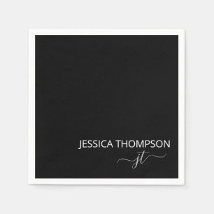 Modern Black Simple Script Monogram Name Cocktail Napkins