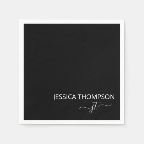 Modern Black Simple Script Monogram Name Cocktail  Napkins