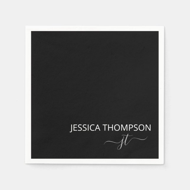 Modern Black Simple Script Monogram Name Cocktail  Napkins (Front)