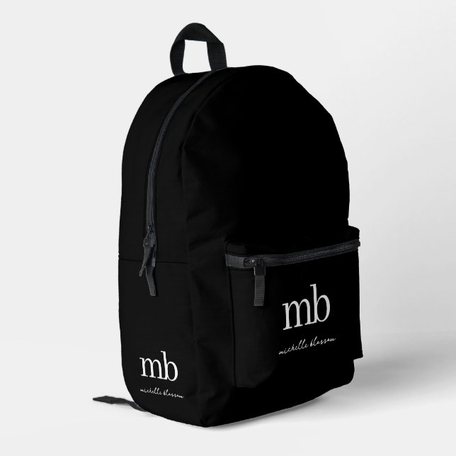 Modern Black Simple Trendy Script Initial Monogram Printed Backpack (Back Corner Left)
