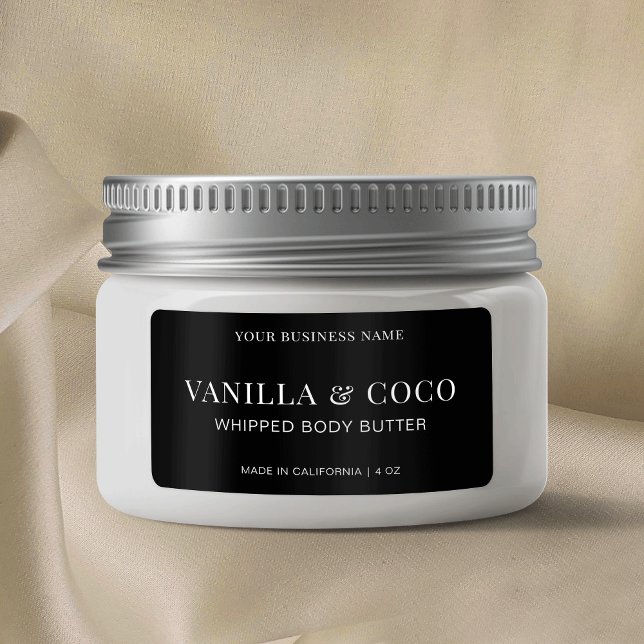 Modern Black Simple Whipped Body Butter Product Label (Simple black cosmetic jar label design, fully editable text and colors to suit any brand)