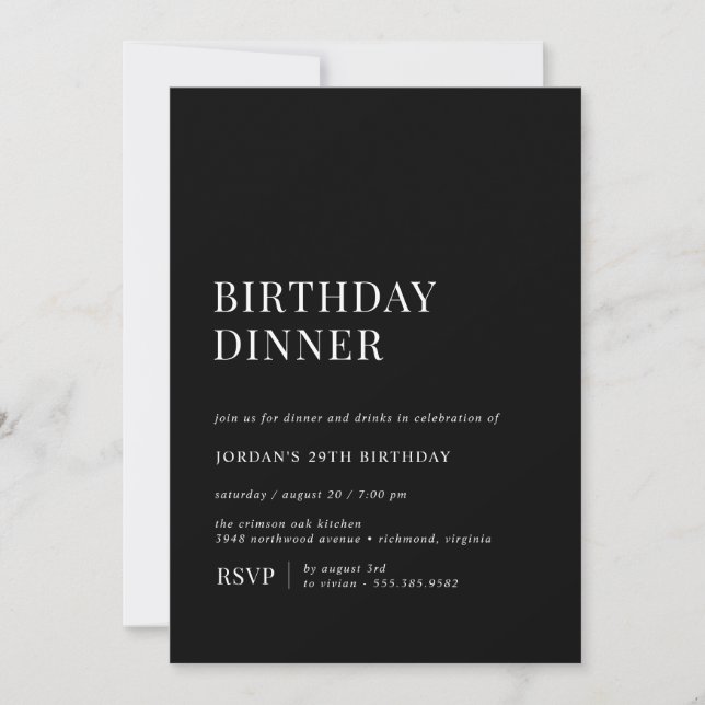 Modern Black | Sleek Minimalist Birthday Dinner Invitation (Front)