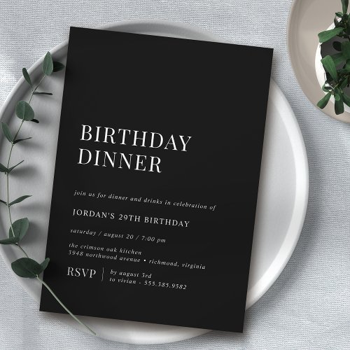 Modern Black  Sleek Minimalist Birthday Dinner Invitation
