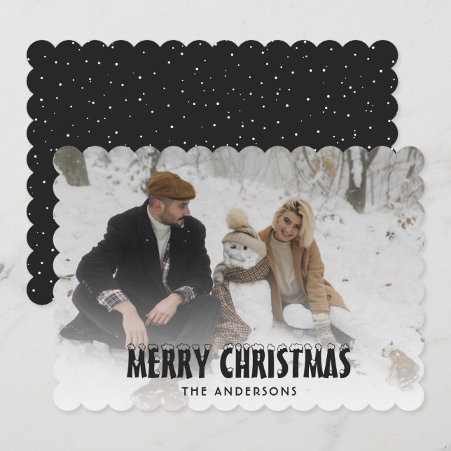 Modern Black Snow Photo Merry Christmas Card (Front/Back)