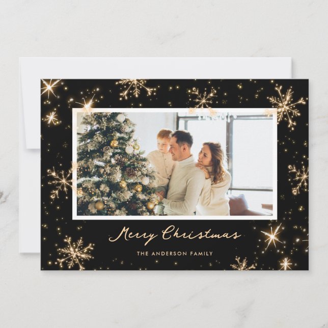 Modern Black Snowflake Photo Christmas Card (Front)
